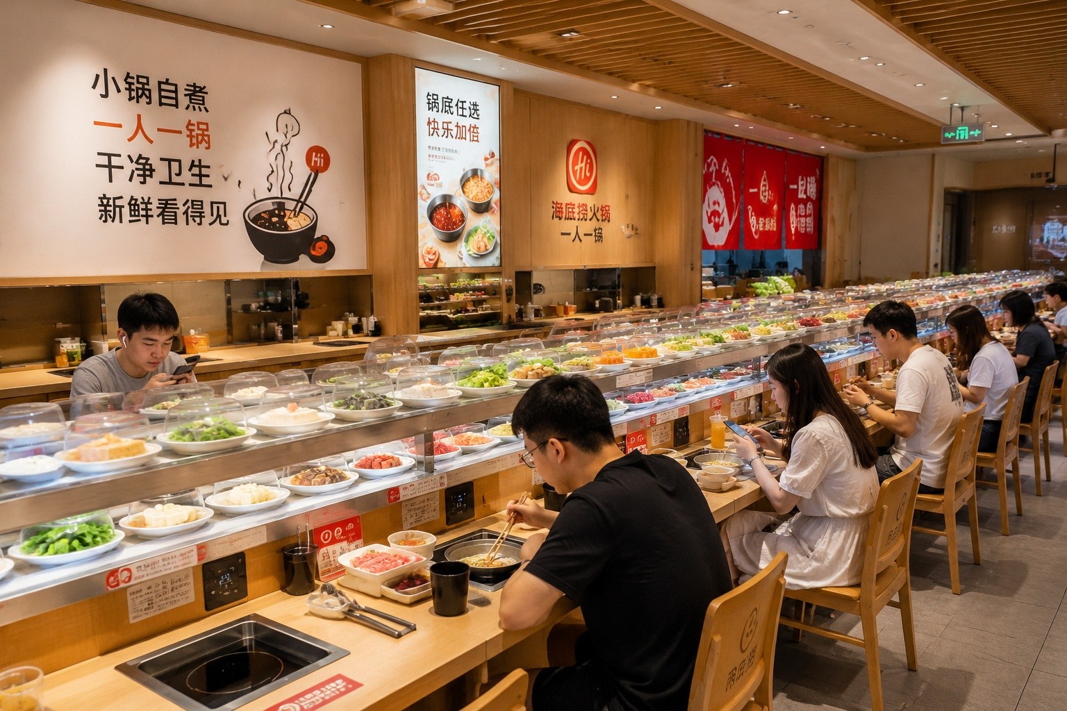 Interior of a Chinese conveyor-belt hot pot restaurant with multiple solo diners at a counter