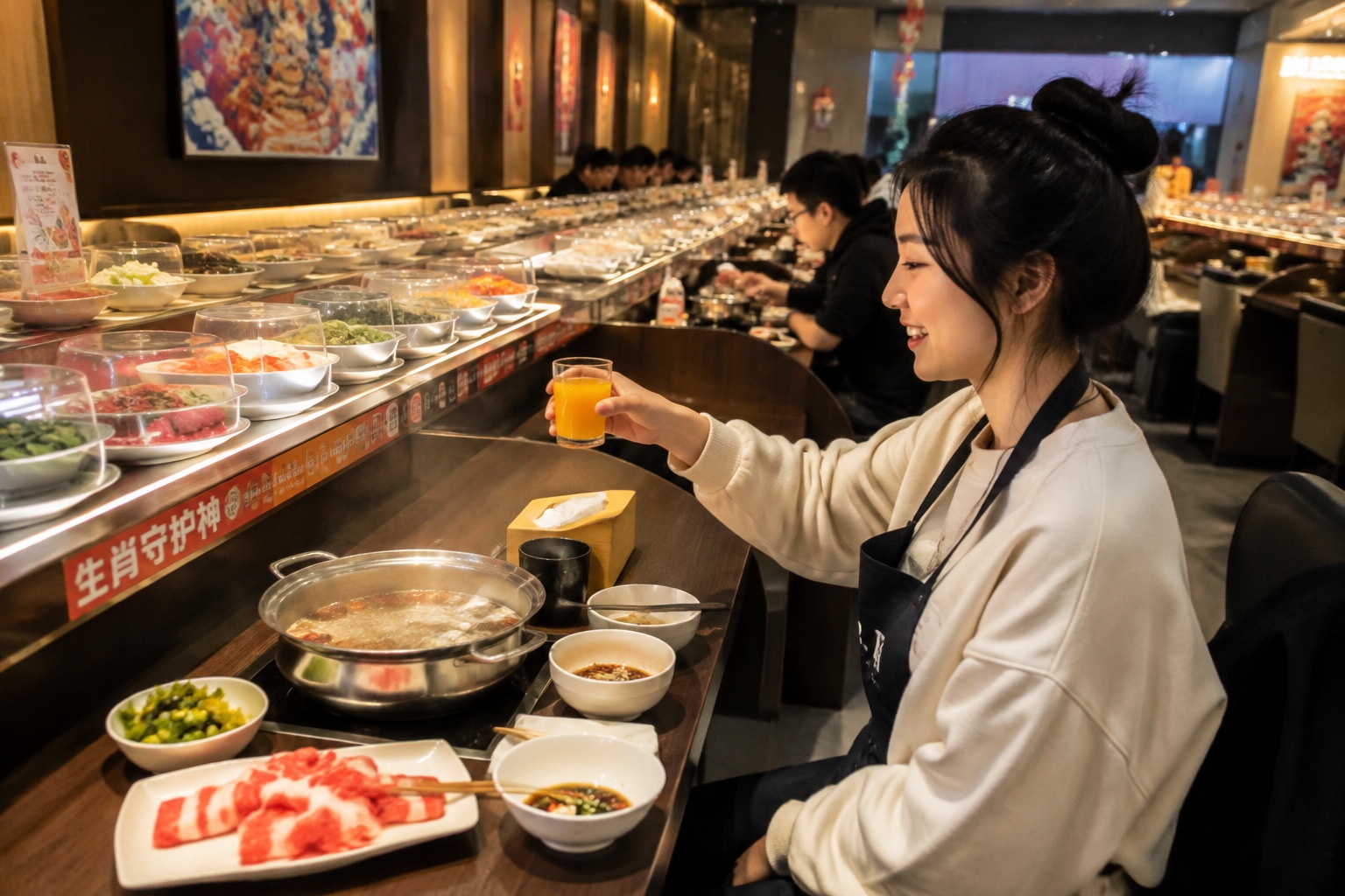 Diner toasting with a juice glass to her own hot pot, surrounded by other solo diners