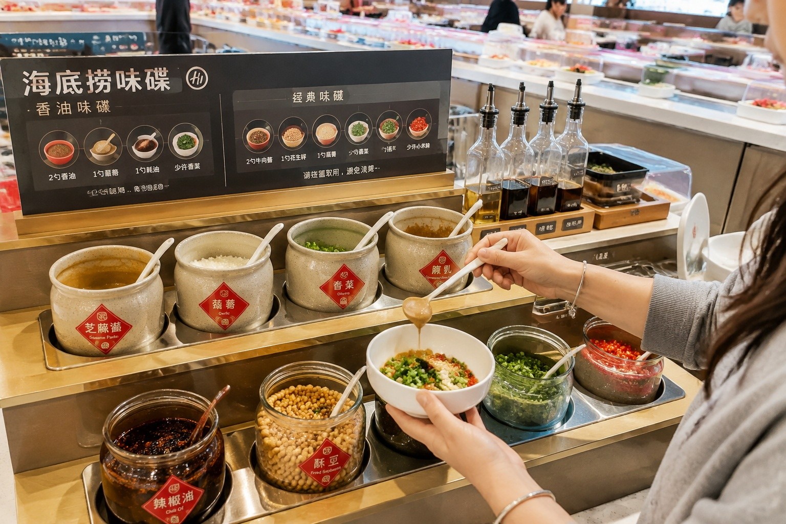 A self-serve dipping sauce station with garlic, sesame paste, cilantro and chili oil at a Chinese rotating hot pot restaurant.