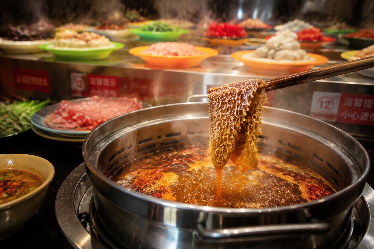 A diner cooking beef tripe in a personal hot pot at a Chinese conveyor-belt hot pot restaurant.