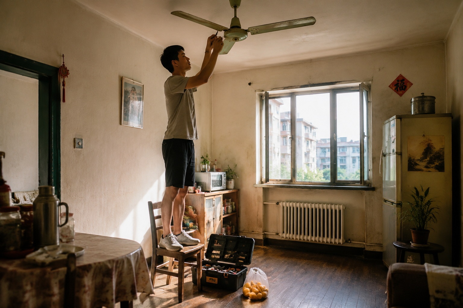 Chinese man fixing a ceiling fan in a Shanghai apartment, demonstrating care through action