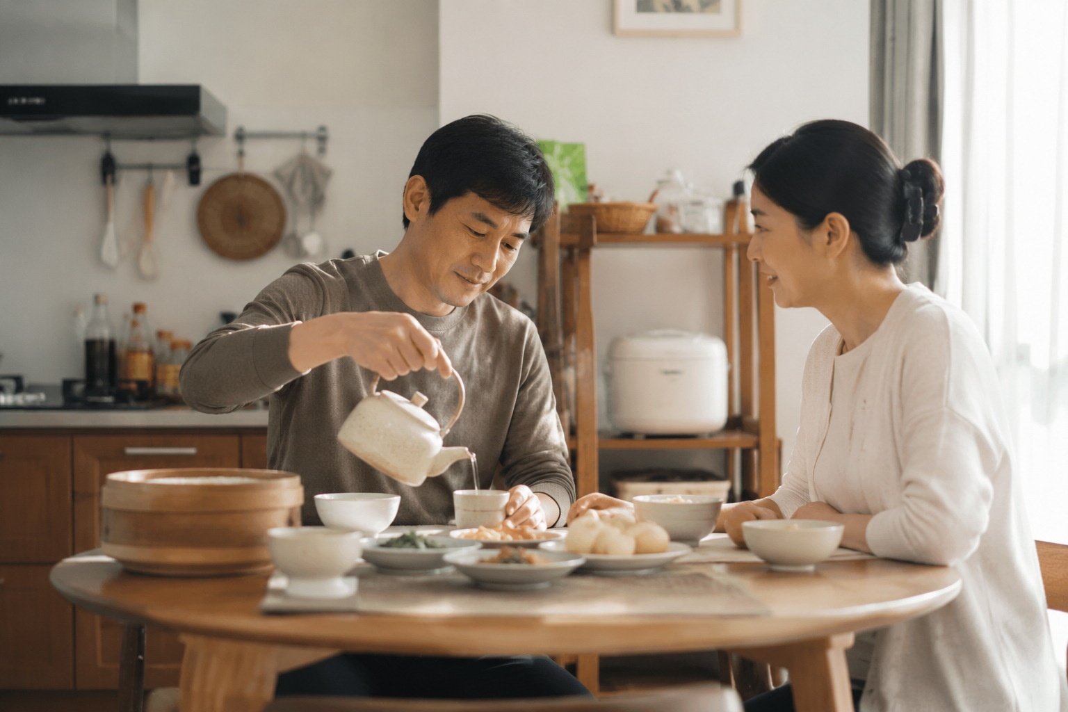 Chinese father pouring tea for his wife, a quiet ritual of love
