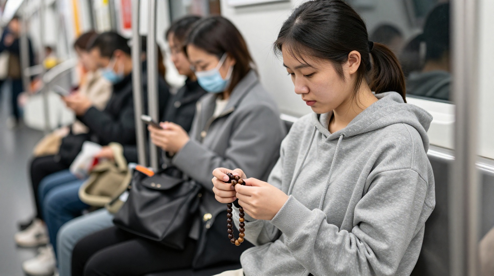 Young woman in subway polishing wooden beads with fingers, showing focus and calm.