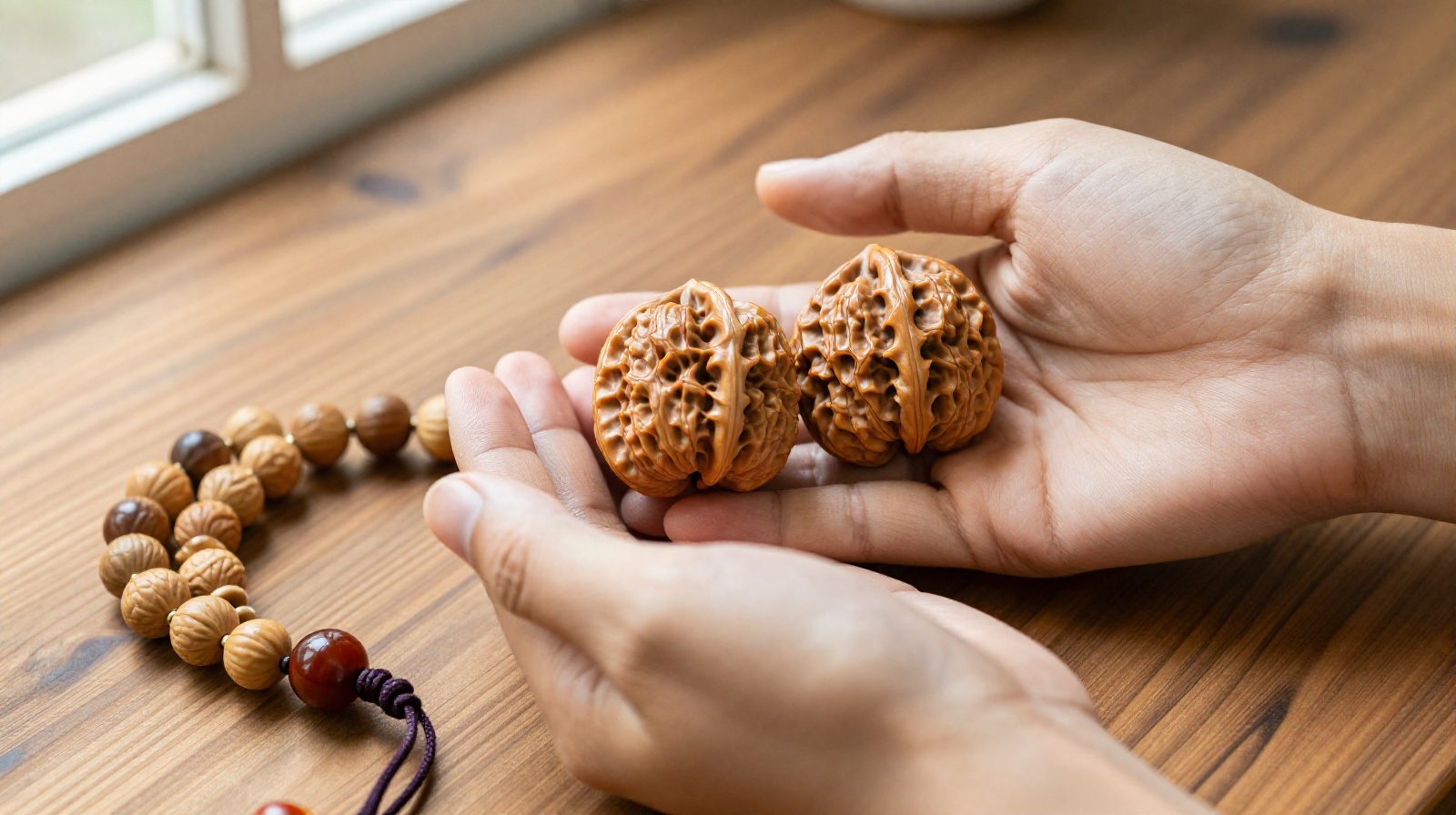 Two types of beads used for panning: walnut shells and Bodhi seeds, showing different stages of patina.