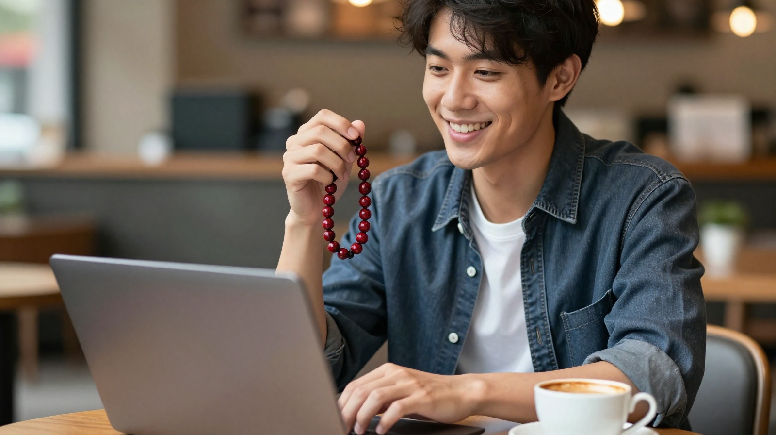 Young man in café showing his polished red sandalwood beads to the camera with a smile.