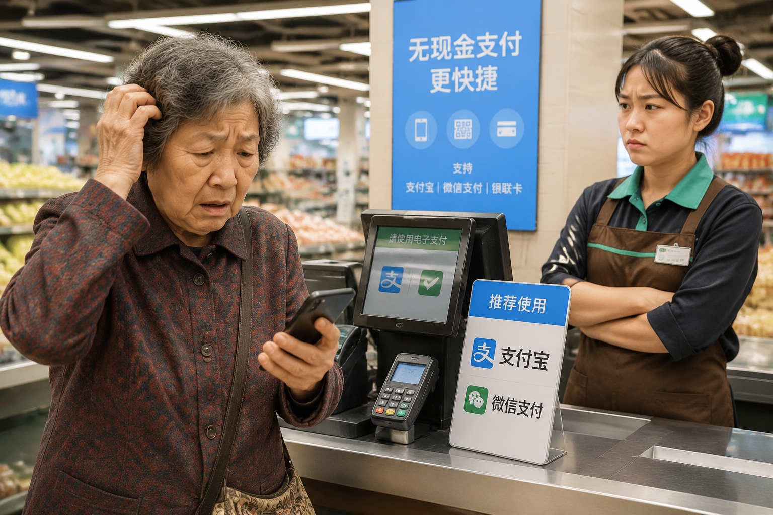 An elderly person struggles with a mobile payment system at a checkout counter while a young cashier looks on impatiently.