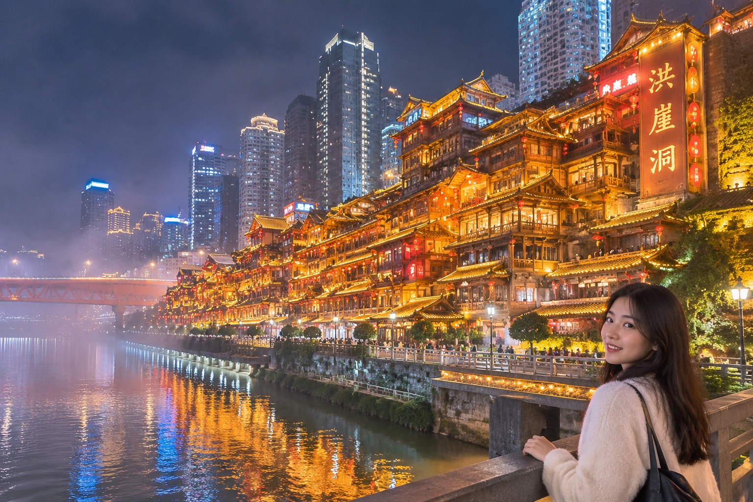 Hongya Cave traditional architecture illuminated at night with modern skyscrapers in the background