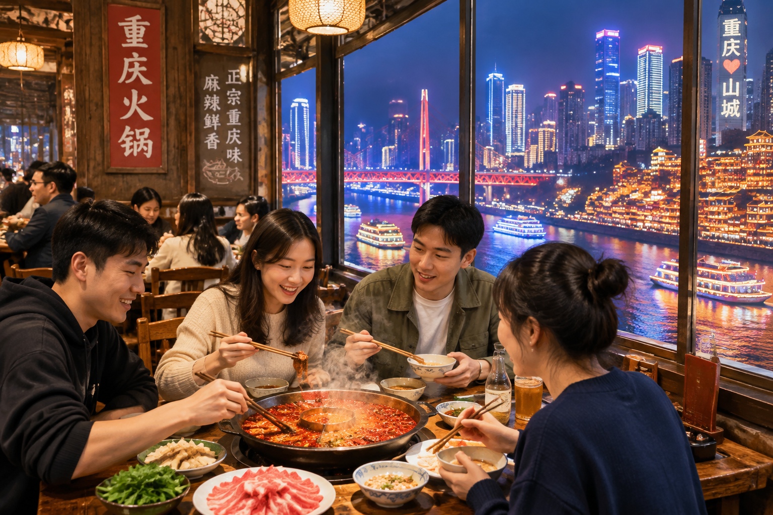 Locals dining on hotpot with a view of Chongqing's neon cityscape at night