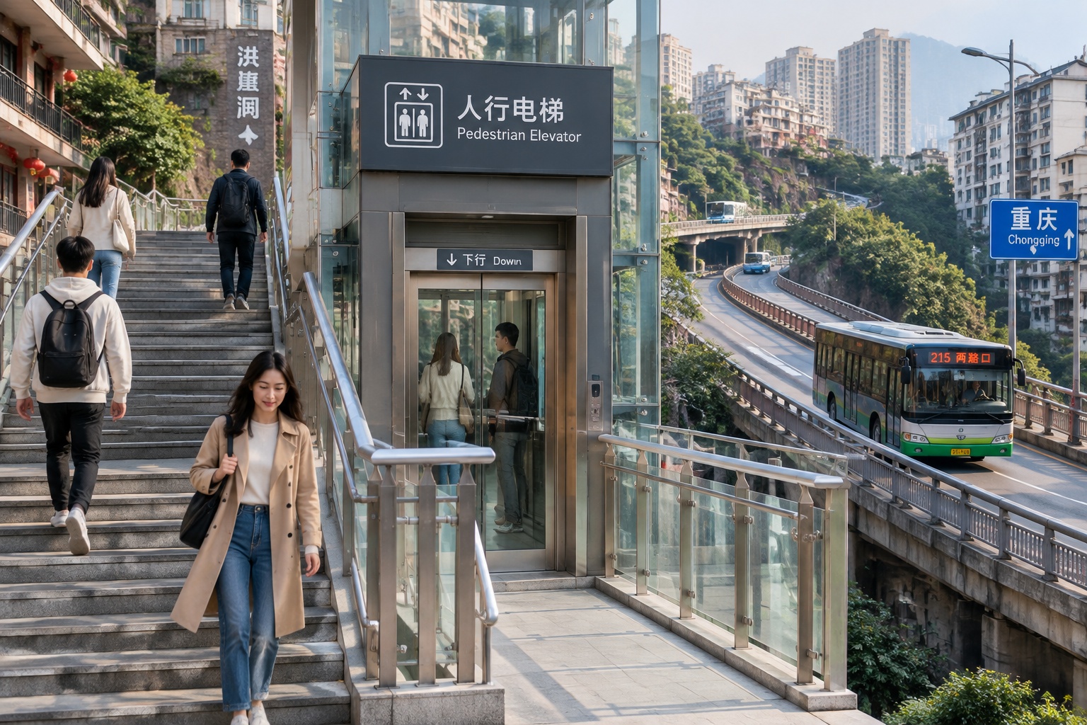 Pedestrians using an outdoor elevator to connect different street levels in Chongqing's vertical city