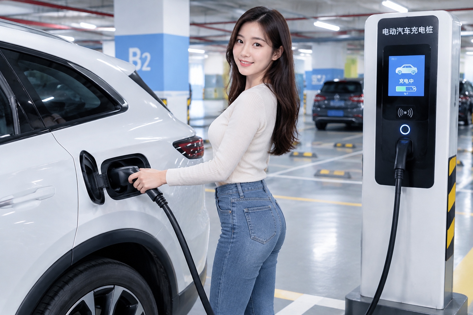 An electric vehicle charging at a public charging pile inside a modern shopping mall parking garage in China