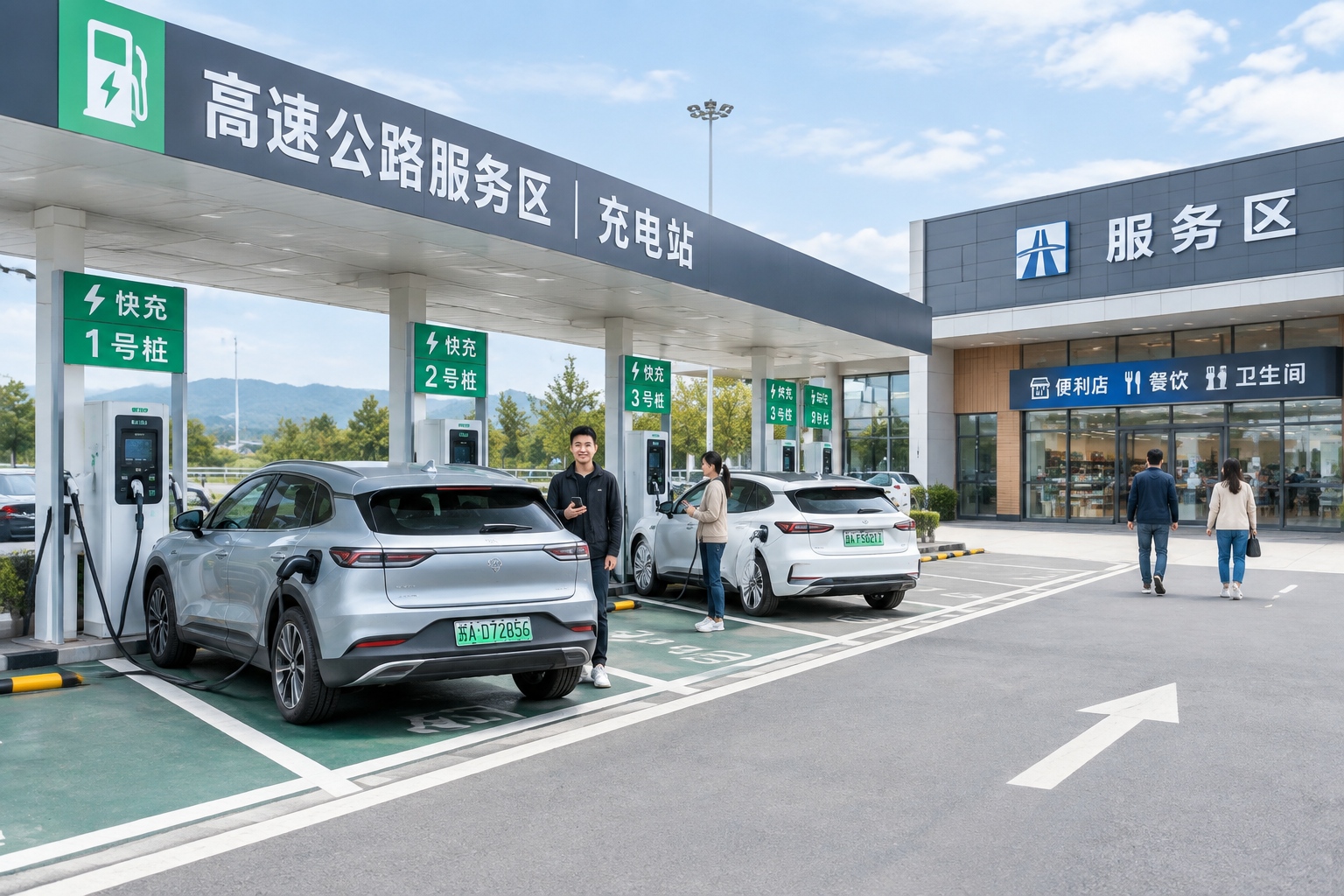 Electric vehicles queuing at a high-capacity charging hub in a highway service area in China