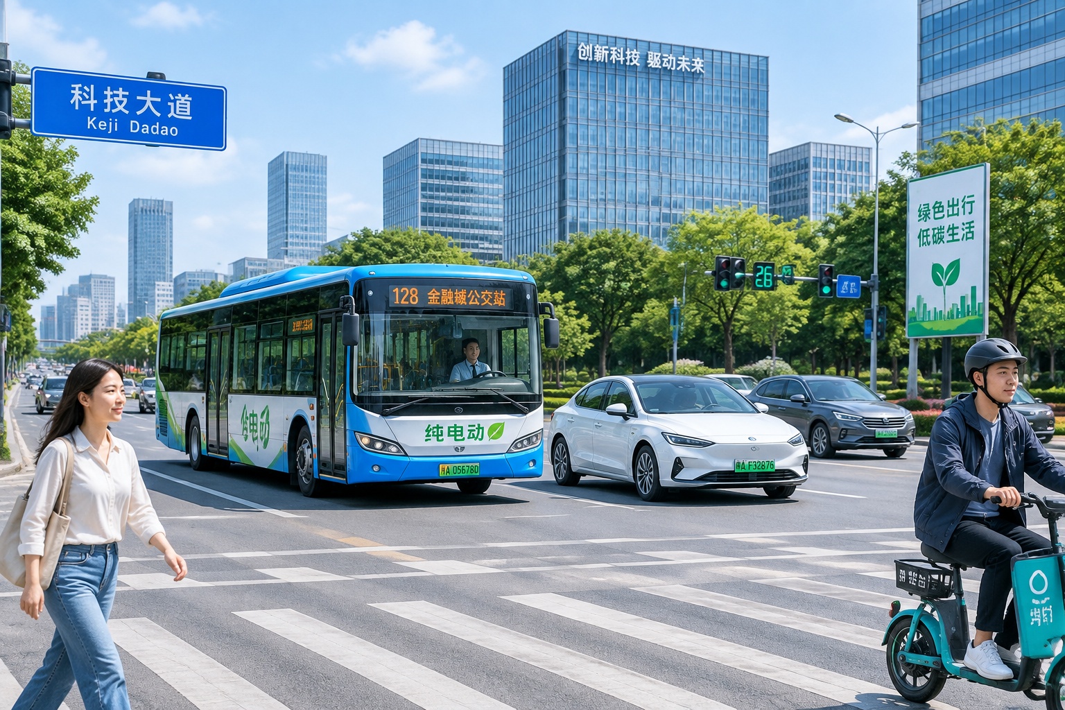 Busy street scene in a Chinese city with electric buses and private EVs, showcasing sustainable urban mobility