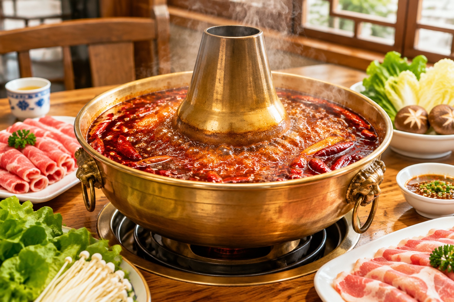 A close-up view of a steaming copper hot pot with boiling spicy broth and plates of raw ingredients waiting to be cooked in a Chinese restaurant.
