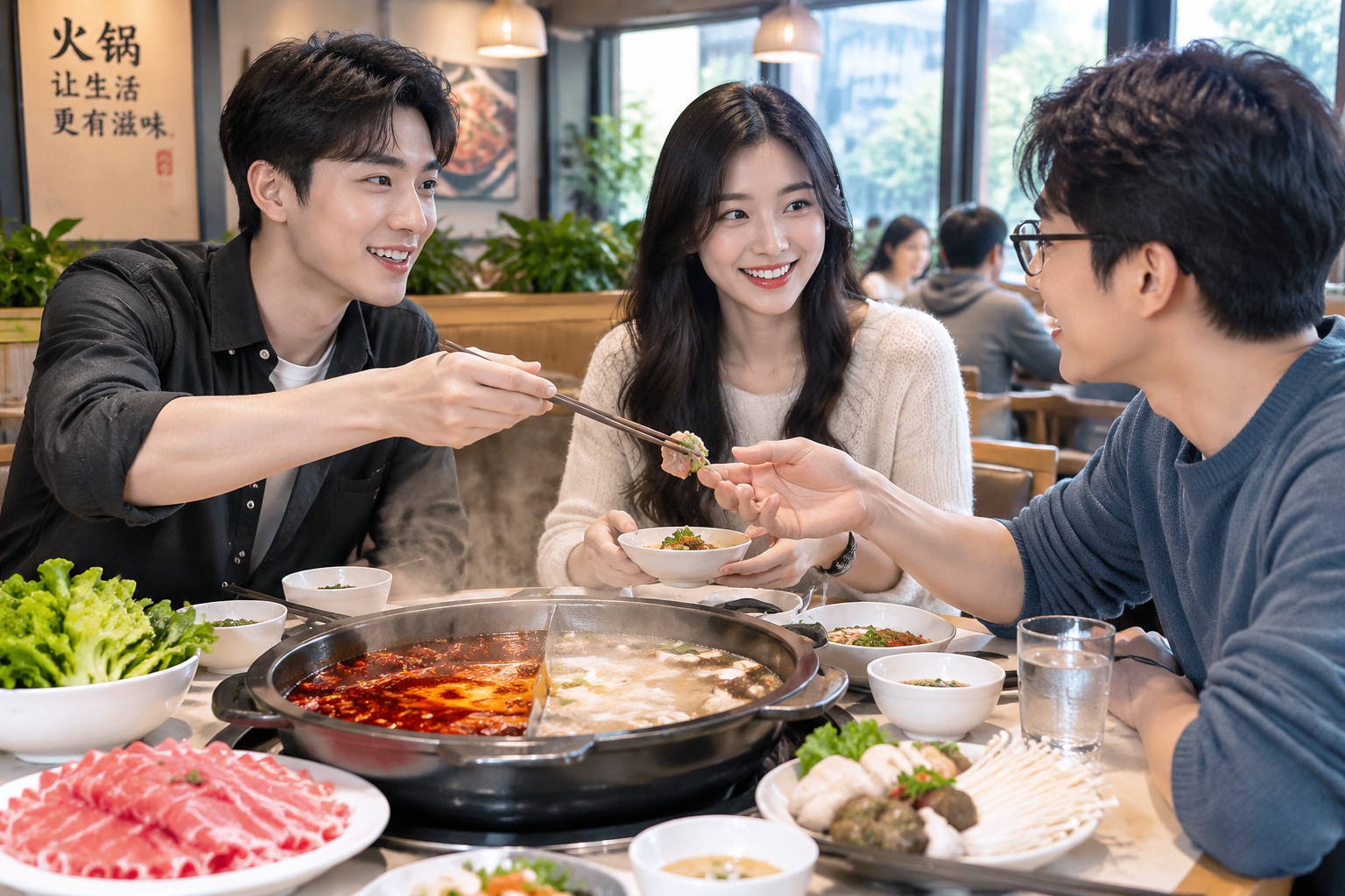 Three young professionals sharing food and laughing together at a hot pot dinner table in Beijing.