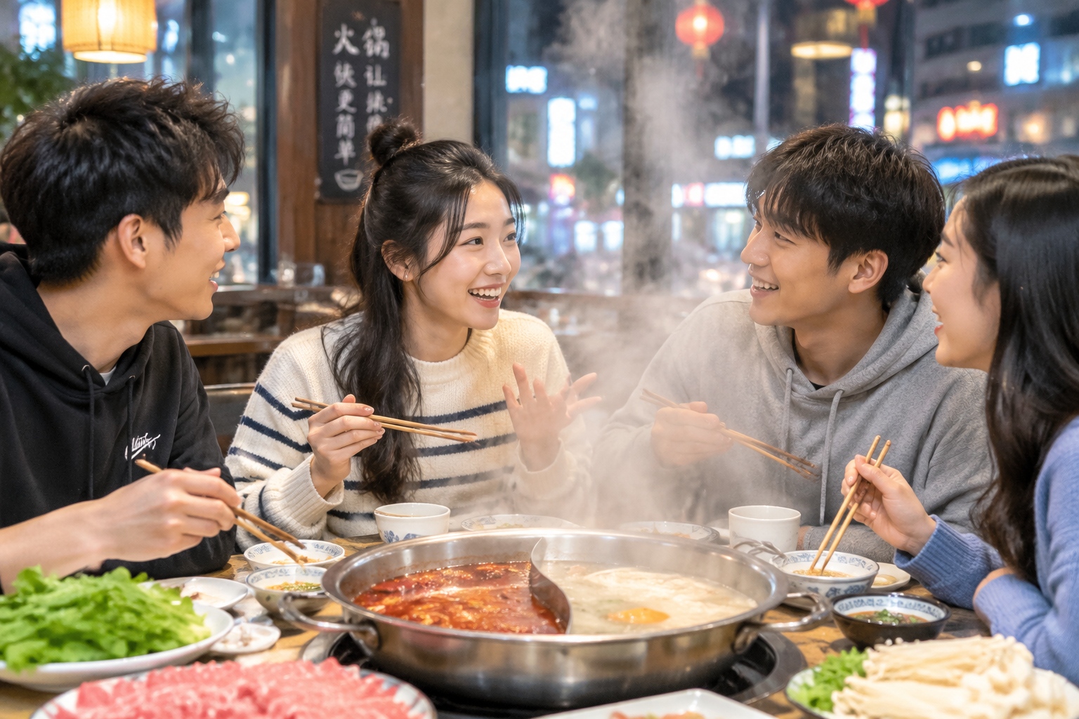 A candid scene of friends and colleagues having an open conversation while eating hot pot in a lively Chinese dining hall.