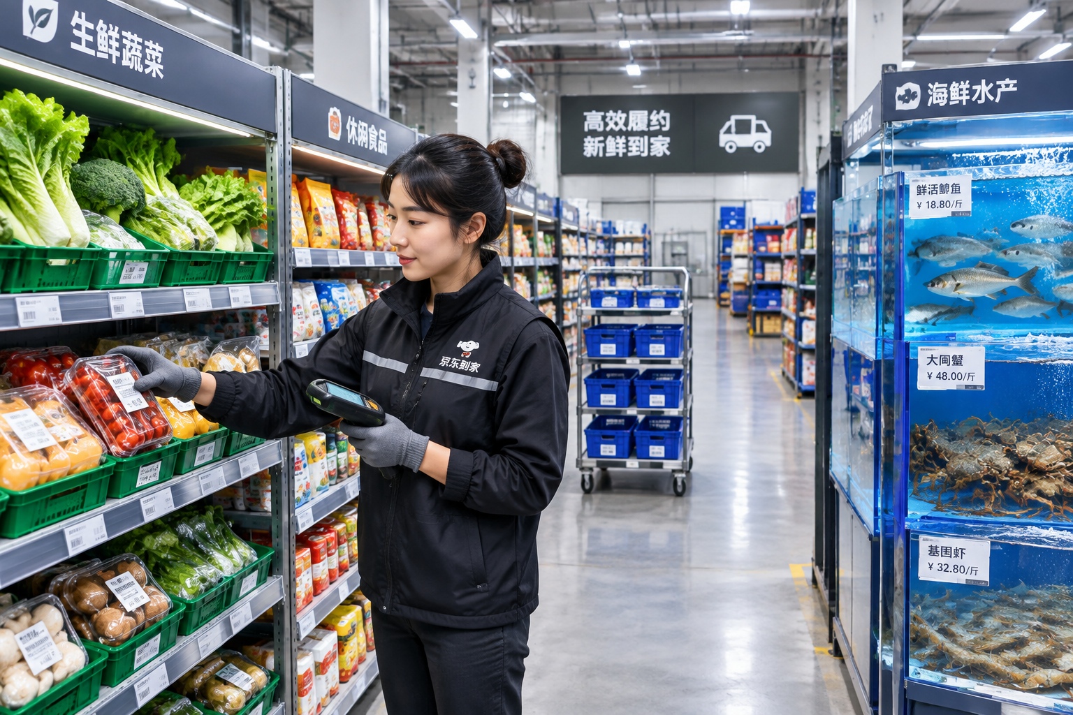 Grocery Delivery: Using Hema and Dingdong for Fresh Food in 30 Mins 22 Interior view of a dark store warehouse for grocery delivery in China, showing organized shelves and staff processing orders.