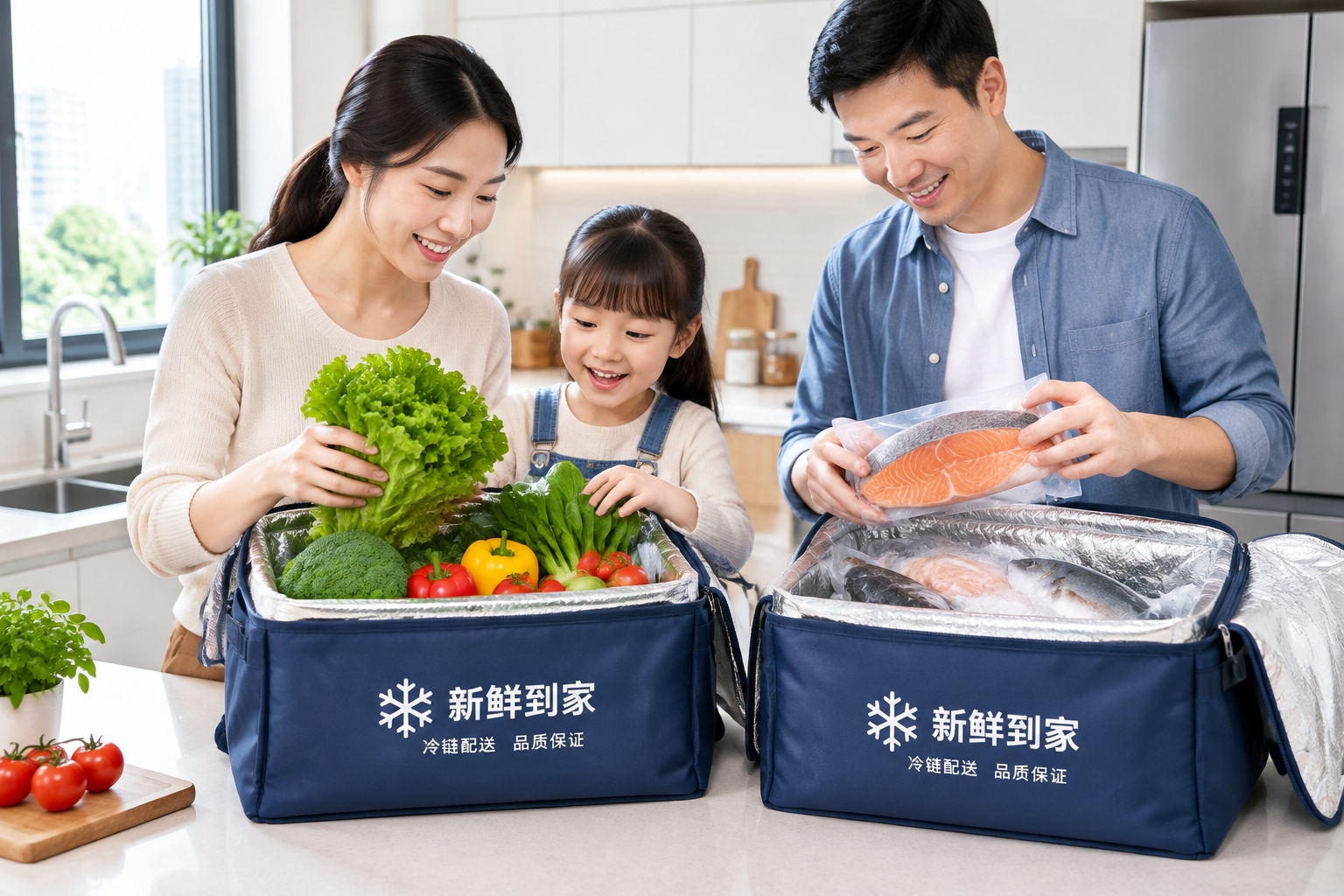 Grocery Delivery: Using Hema and Dingdong for Fresh Food in 30 Mins 23 Young professionals unpacking fresh groceries delivered by an app in their modern apartment kitchen.