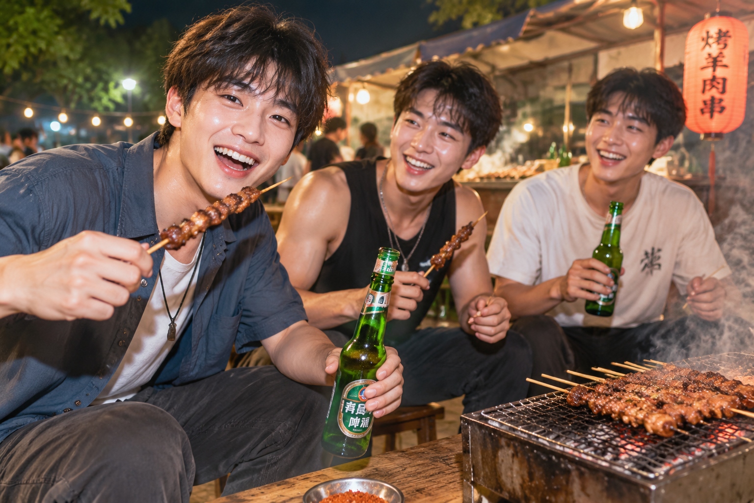 Young people enjoying street food and drinks at a lively Chinese BBQ stall at night