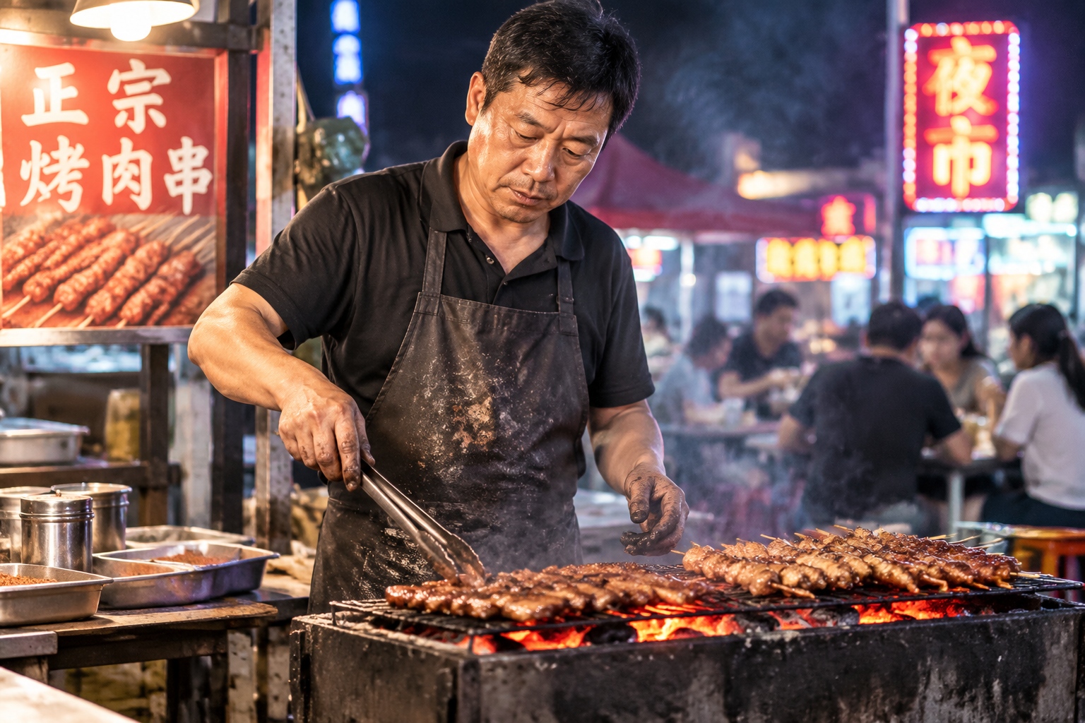 A dedicated street food vendor grilling skewers under the warm glow of a night market stall