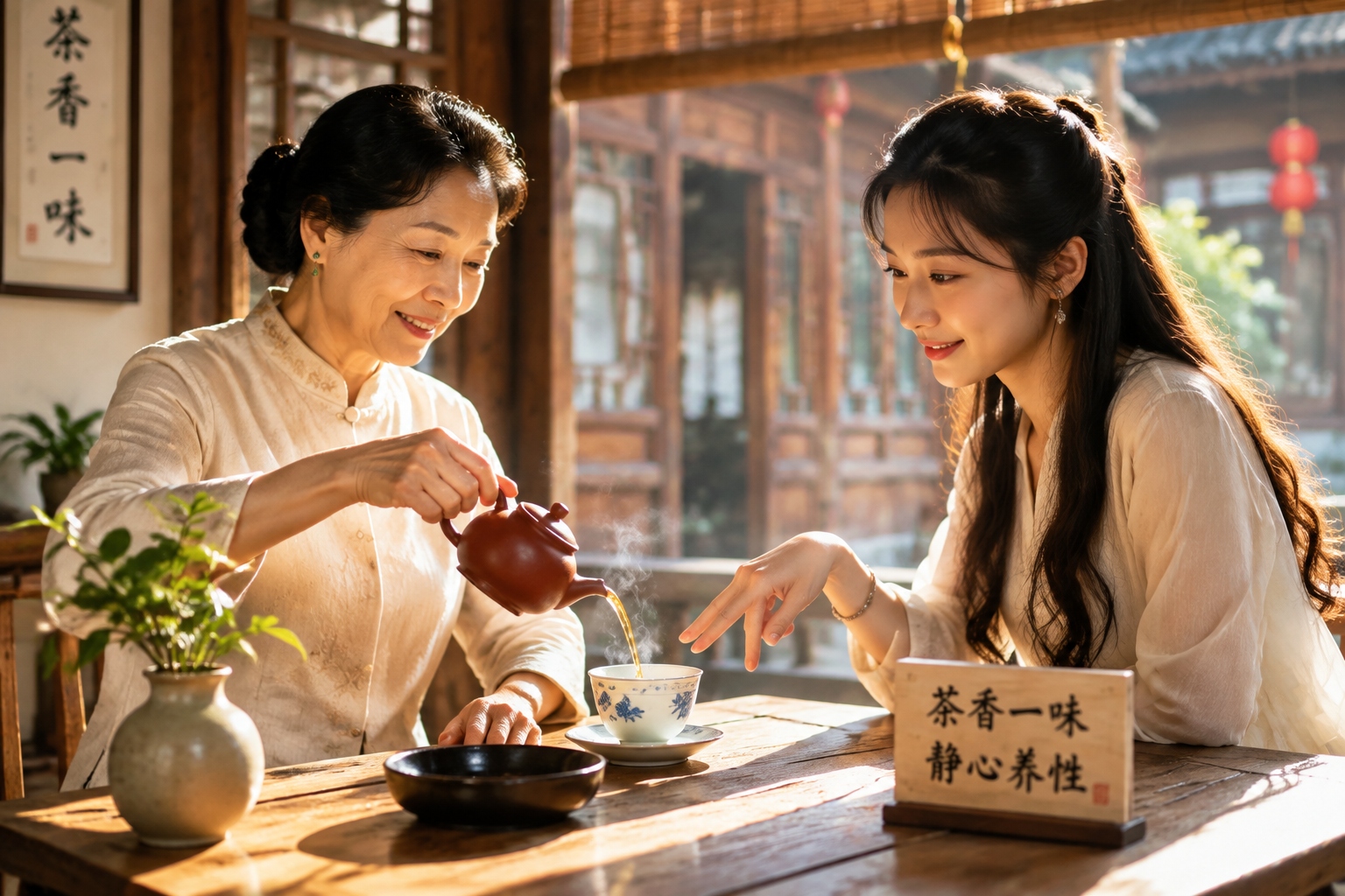 A tea host pours tea into a guest's cup while the guest taps two fingers on the table to say thank you in China