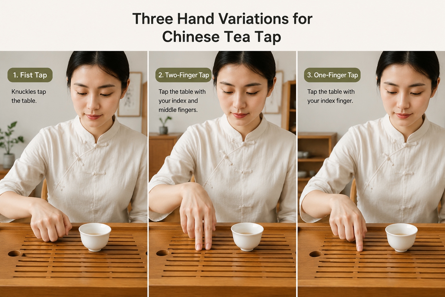 Three hand variations for the Chinese tea tap: fist knuckles for elders, two fingertips for peers, one finger for juniors