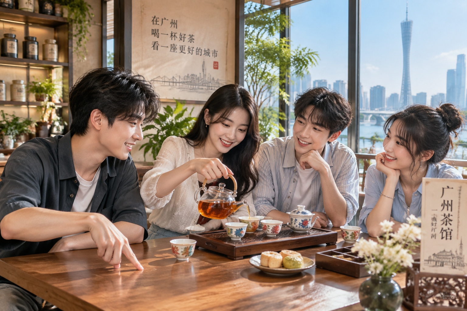 Friends tap their fingers on the table as their tea cups are refilled in a modern Chinese tea shop