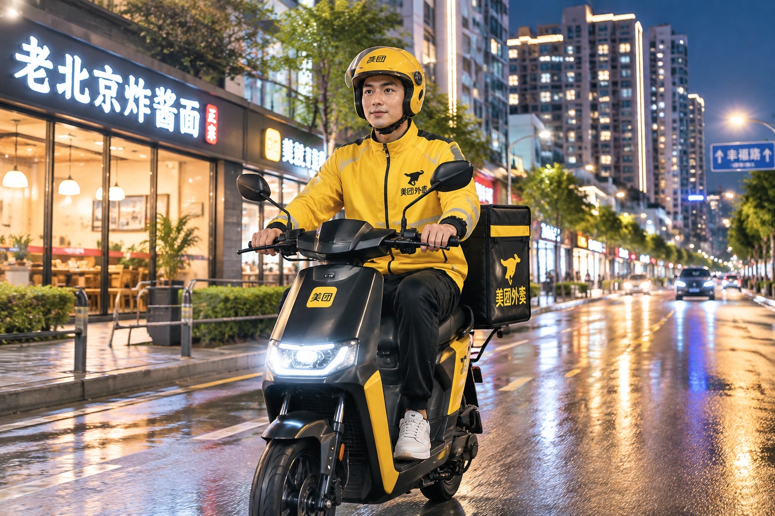 Meituan delivery rider in yellow uniform riding an electric scooter through a Chinese city street at night