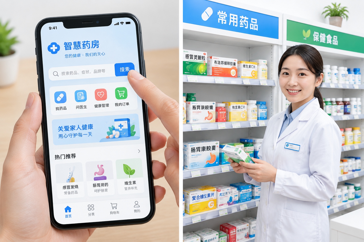 User searching for medicine on Meituan app and shelves in a local Chinese pharmacy