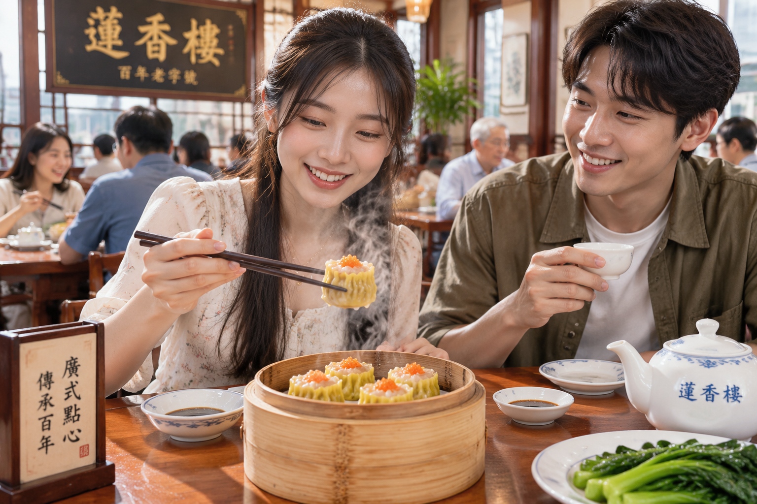 A close-up view of a person using chopsticks to pick up a steaming dim sum dumpling from a bamboo basket in a crowded Guangzhou tea house, with steam rising visibly.
