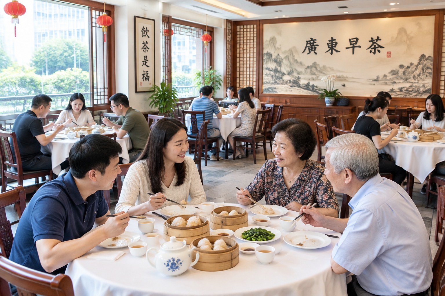 Interior view of a busy Guangzhou dim sum restaurant with multiple generations of diners enjoying breakfast together at crowded wooden tables.