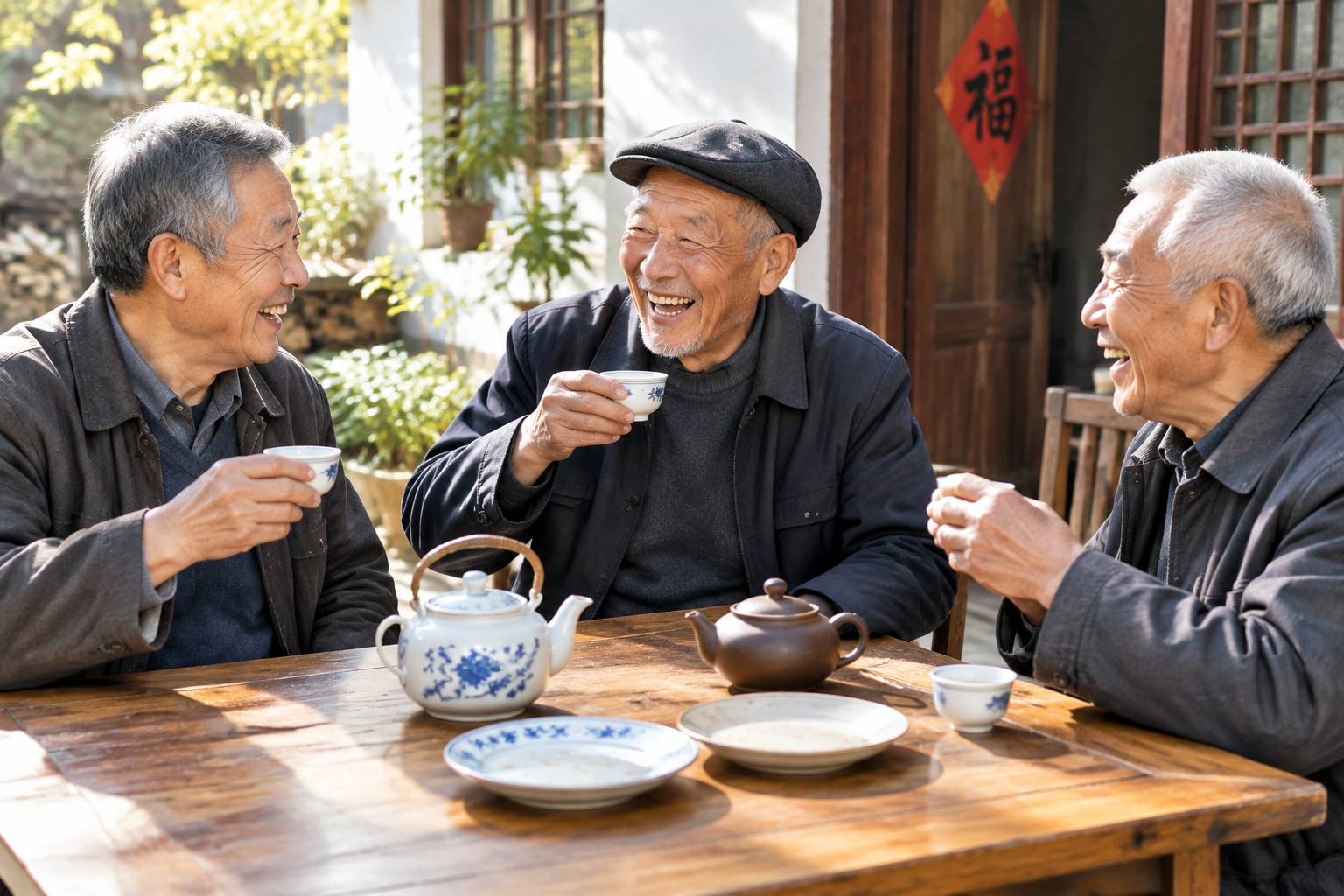 Three elderly friends sharing tea and conversation at a restaurant table in Guangzhou, embodying the social nature of dim sum culture.