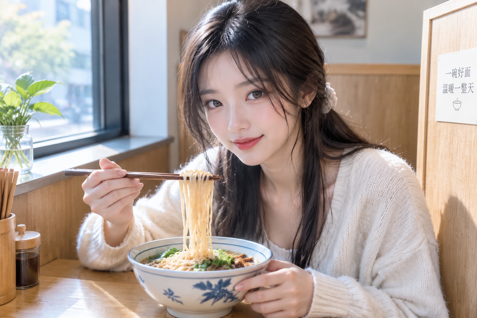 Young Asian woman enjoying a solo meal of noodles in a modern restaurant with wooden dividers
