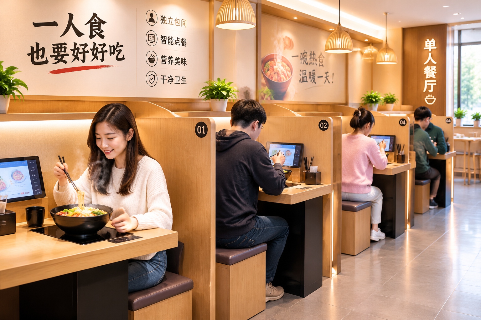 Modern solo dining restaurant interior with customers eating individually in partitioned booths