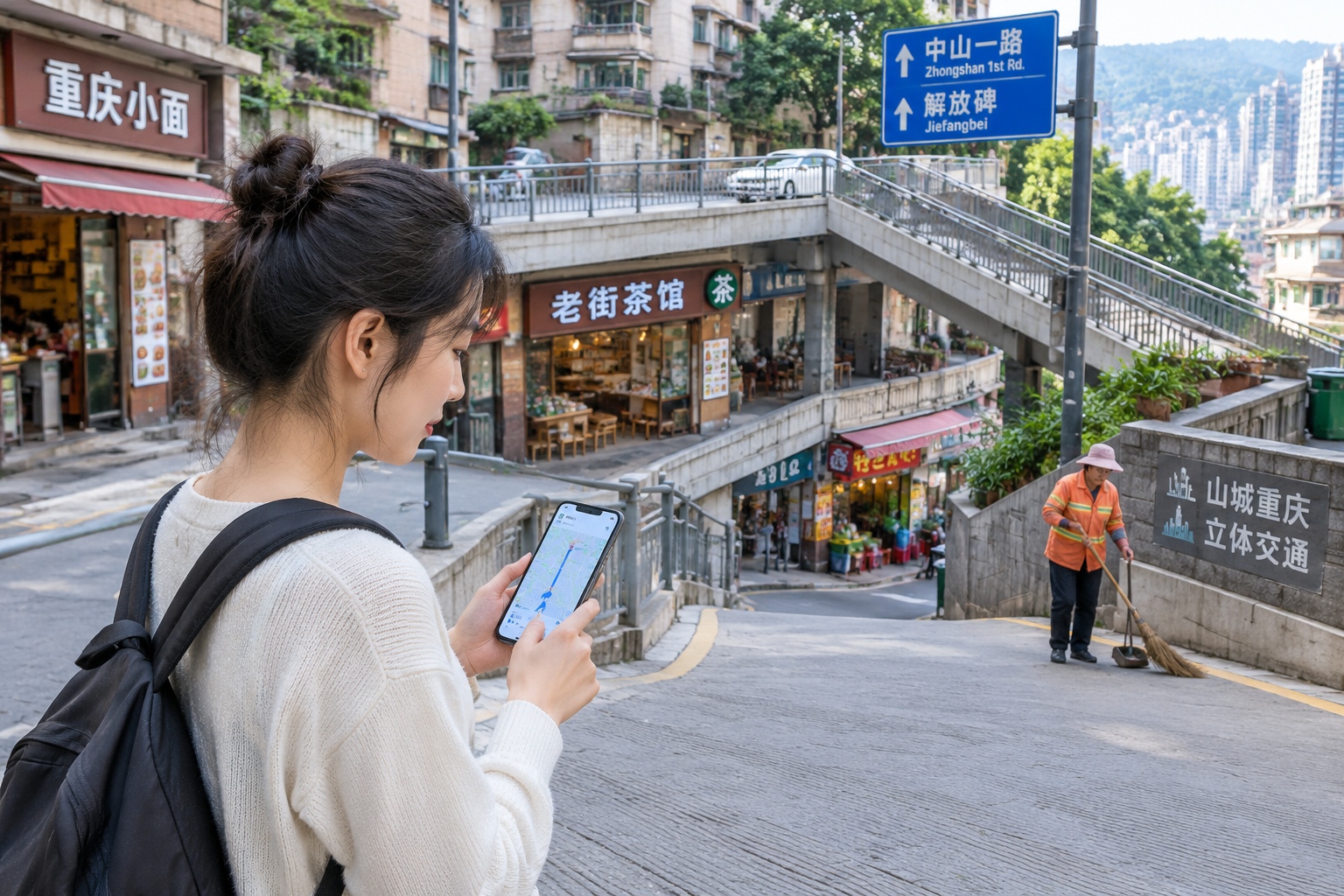 A pedestrian checks a spinning GPS arrow on a smartphone while standing at a multi-layered street intersection in Chongqing's Yuzhong District