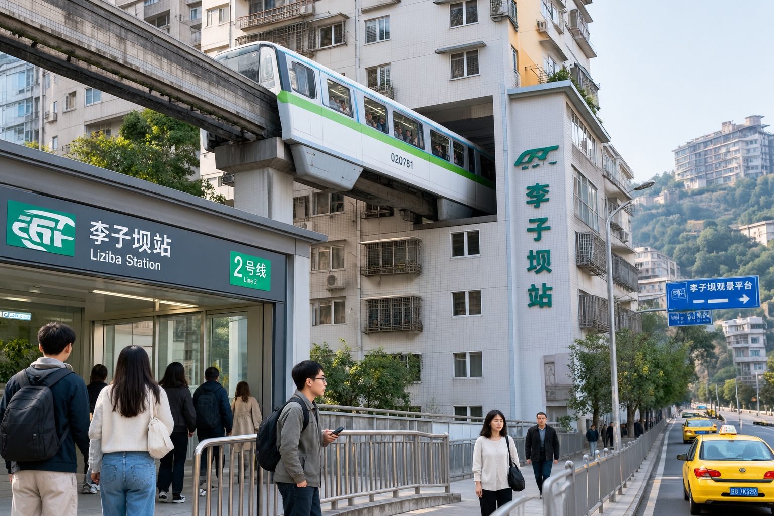 Daily commuters boarding a monorail train that passes directly through a residential tower at Liziba in Chongqing