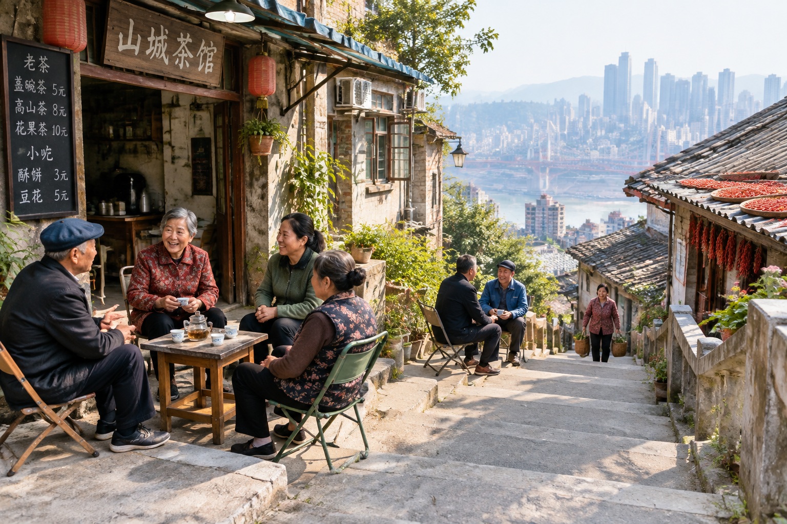 Residents relaxing at a semi-slope teahouse along a concrete staircase network in a Chongqing residential neighborhood