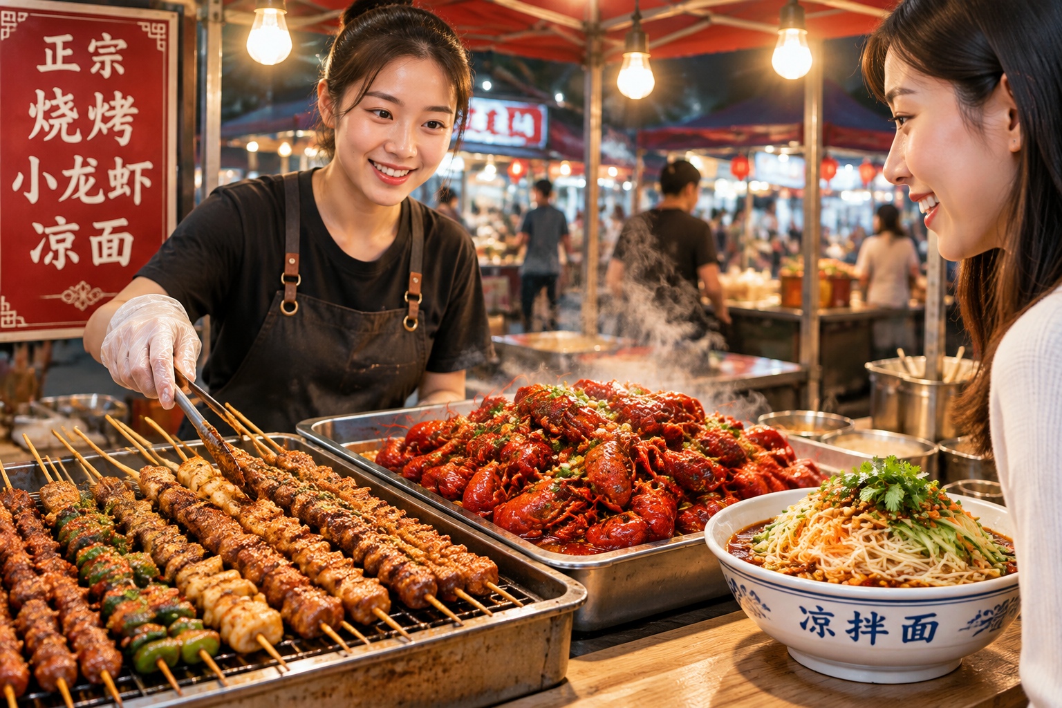 A variety of spicy Chinese street food including grilled skewers and crayfish served on a plastic table at a night market