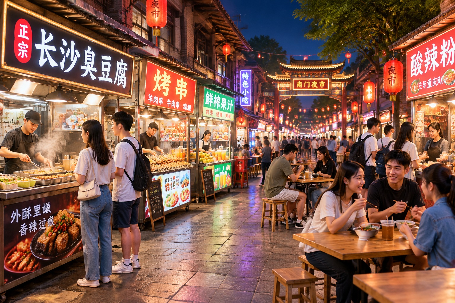 Crowded alleyway of a Chinese night market at night with neon signs and people dining outdoors