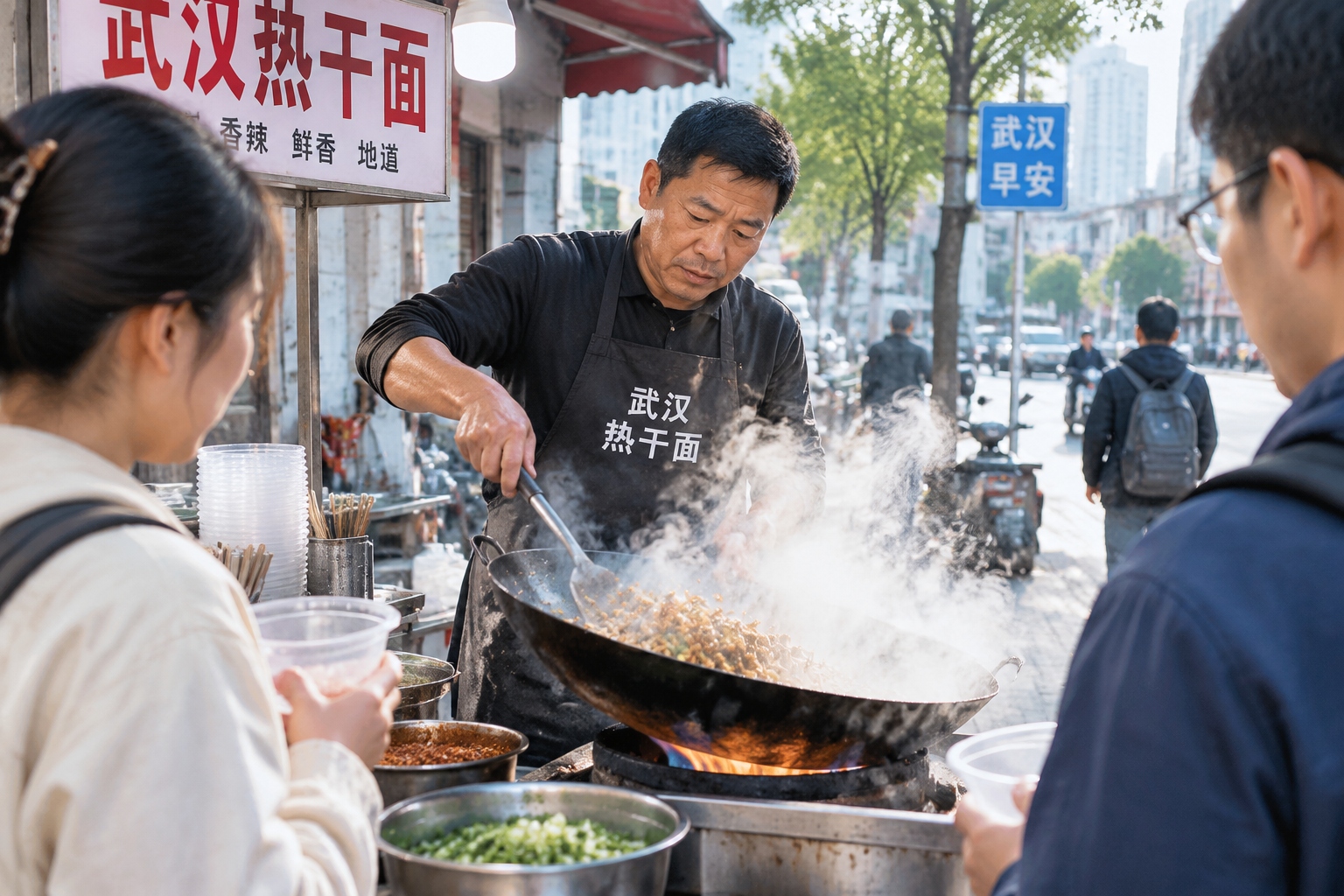 A street vendor in Wuhan serving hot dry noodles to customers on the street in the morning.