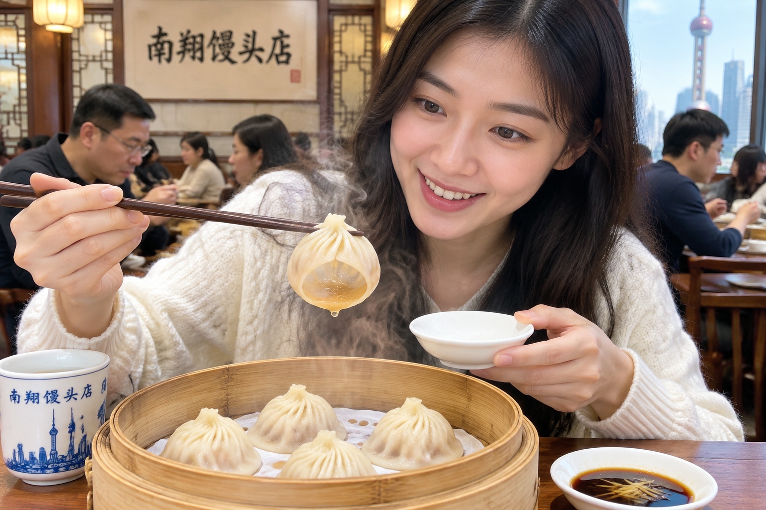 Close up of steamy Chinese soup dumplings xiao long bao in a traditional bamboo steamer on a wooden table