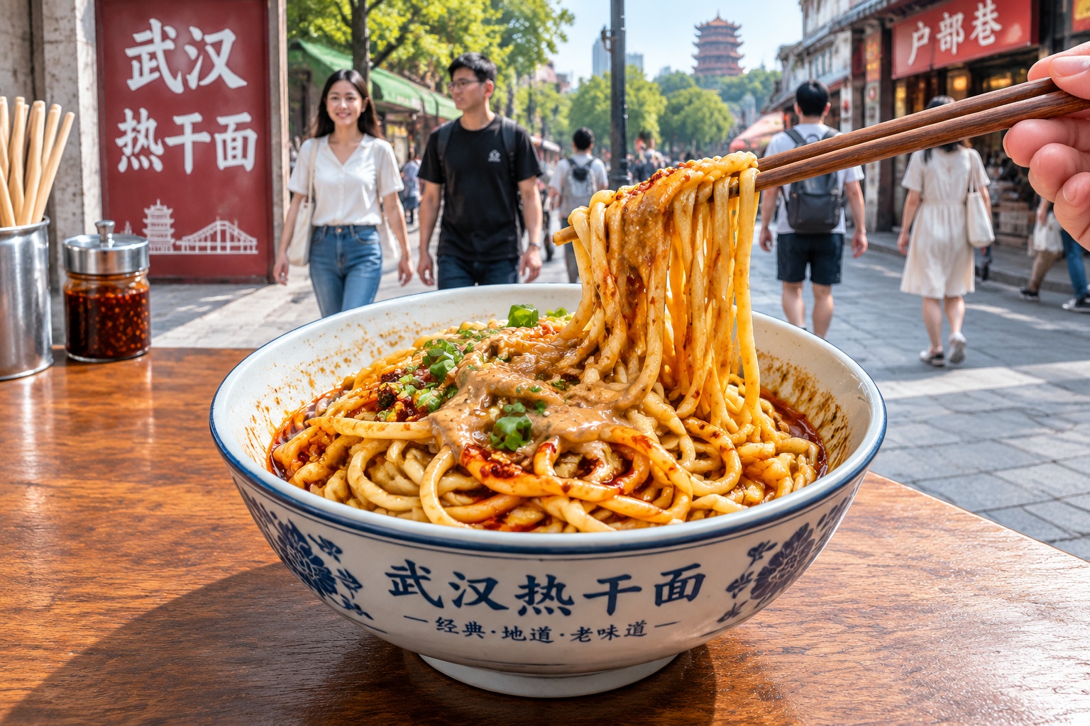 Bowl of spicy Chinese hot dry noodles wu tiao topped with sesame paste and chili oil