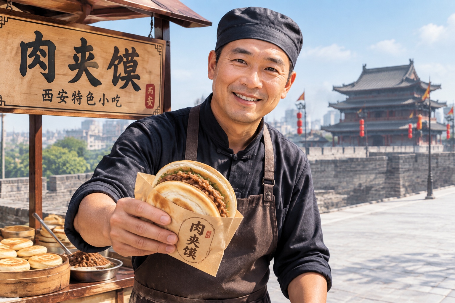 Freshly prepared Chinese meat burger roujiamo held by a street vendor in front of old brick wall