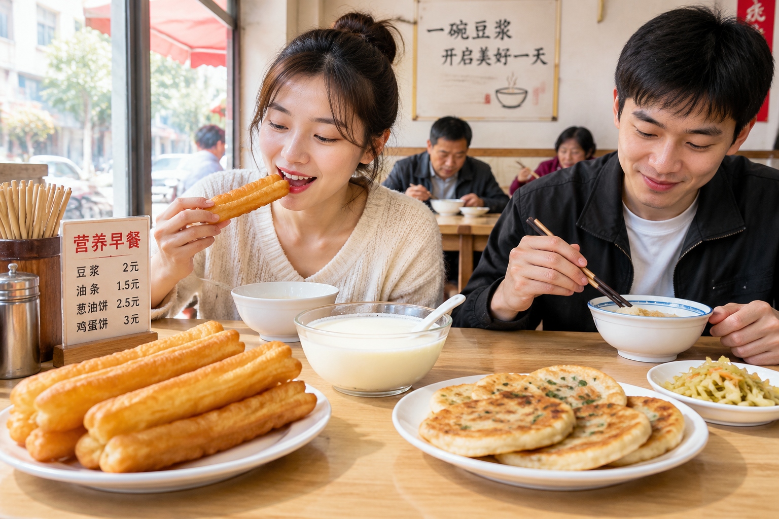Assortment of traditional Chinese breakfast foods like youtiao fried dough and soy milk