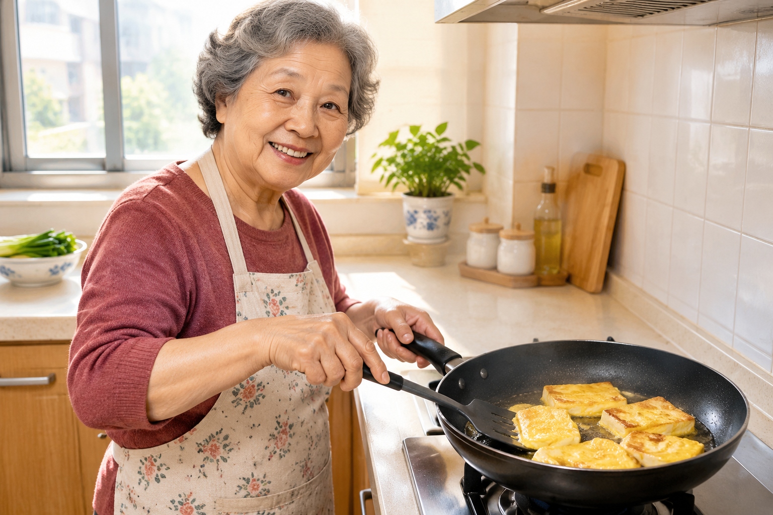 Elderly Chinese woman cooking guo ta tofu in a home kitchen, pan with egg-coated tofu slices, warm natural light, Shandong home cooking.