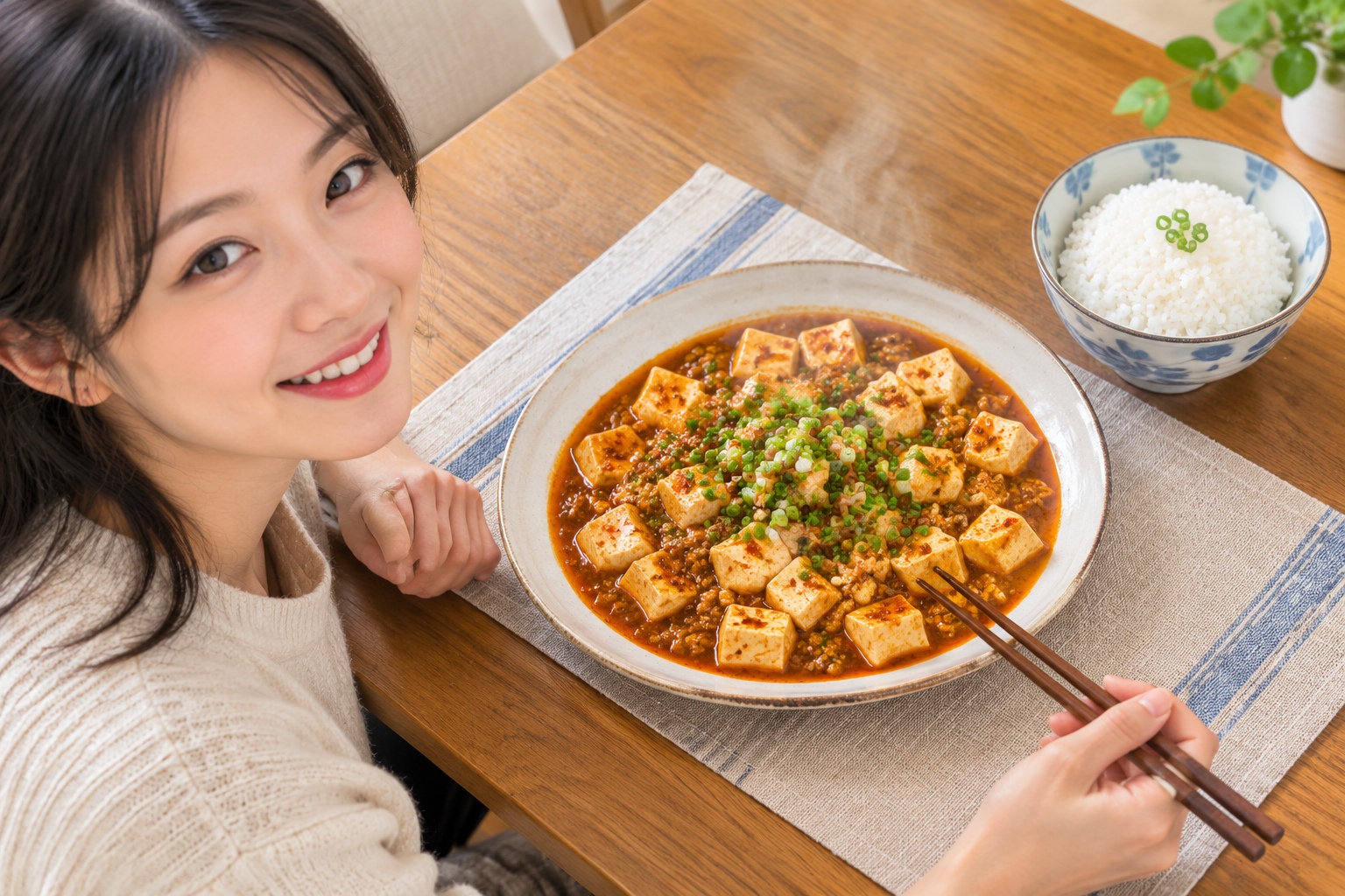 Finished plate of guo ta tofu served with steamed rice, golden-brown tofu cakes with sauce and scallion garnish, home dining table.