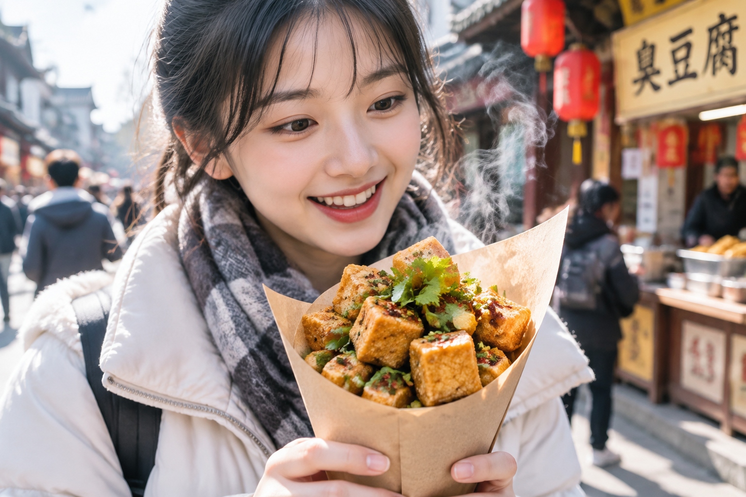 Close-up of crispy fried stinky tofu served in a paper cone with cilantro and chili, highlighting the texture contrast between the crunchy exterior and soft interior.