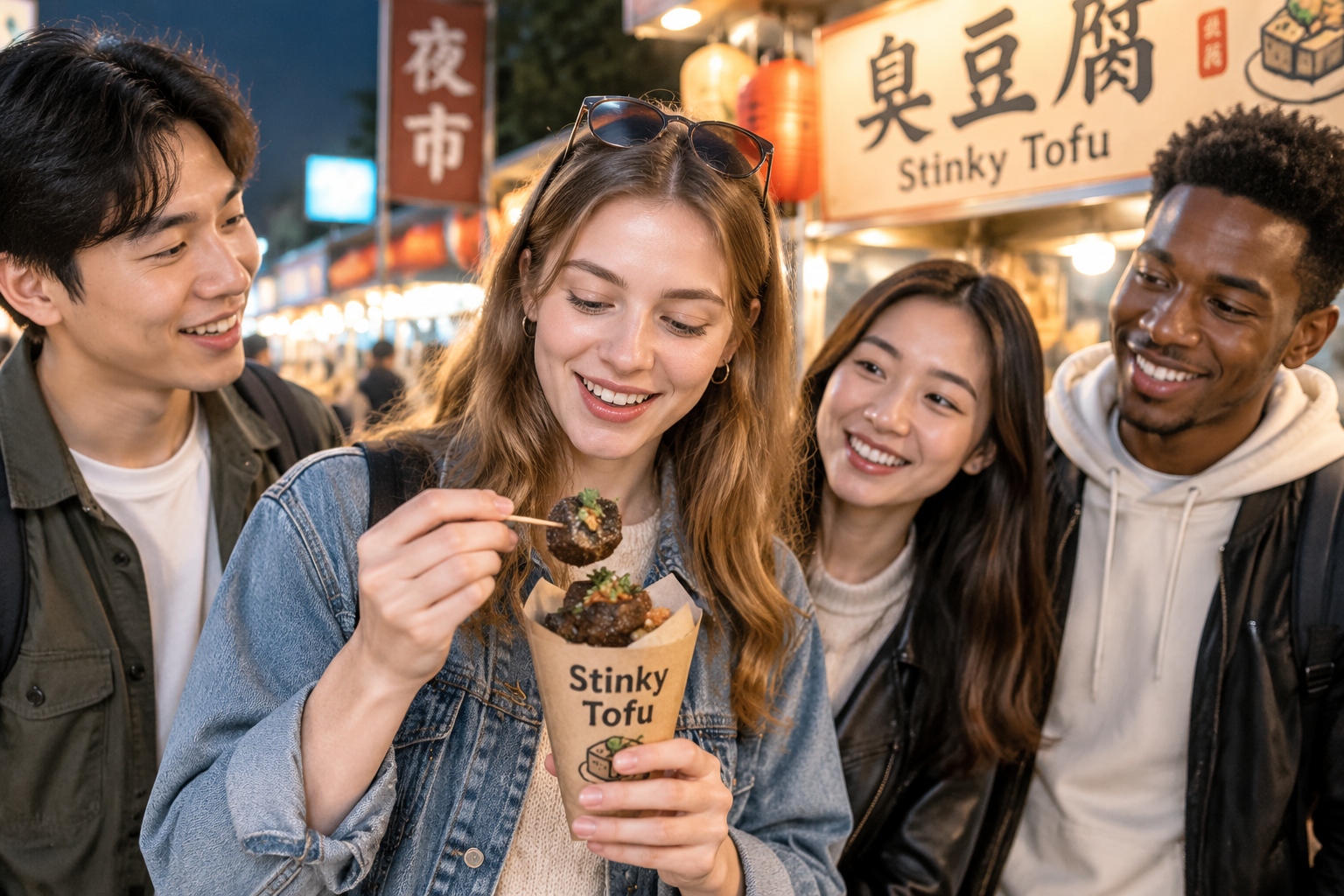 Young tourists enjoying stinky tofu at a Chinese night market, illustrating the social and cultural aspect of this popular street snack.