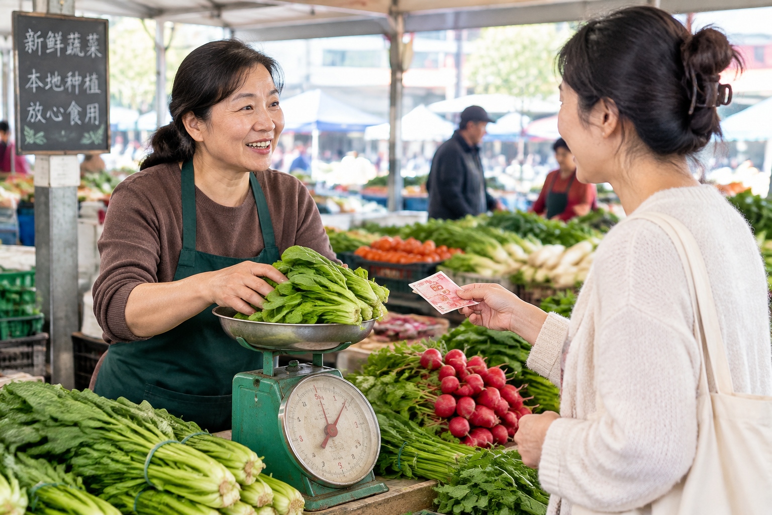 Close-up view of a Chinese street vendor weighing fresh vegetables on a traditional scale at a busy morning market, with a customer paying in cash