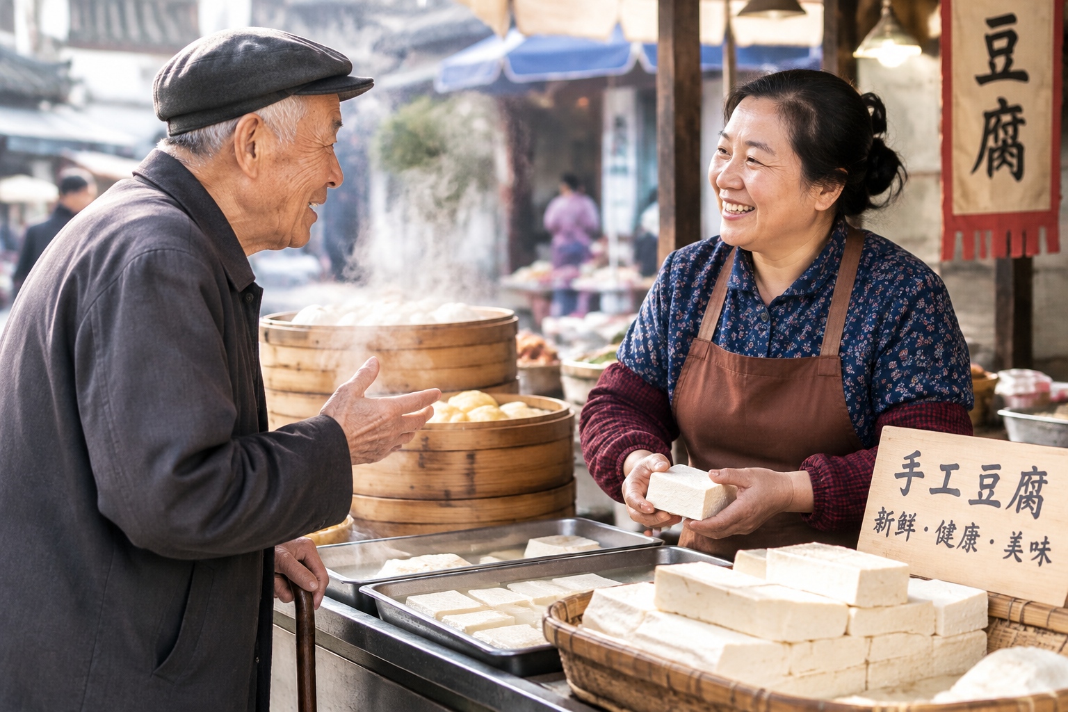 An elderly neighbor talking with a tofu vendor at a Chinese morning market, illustrating the social role of local markets