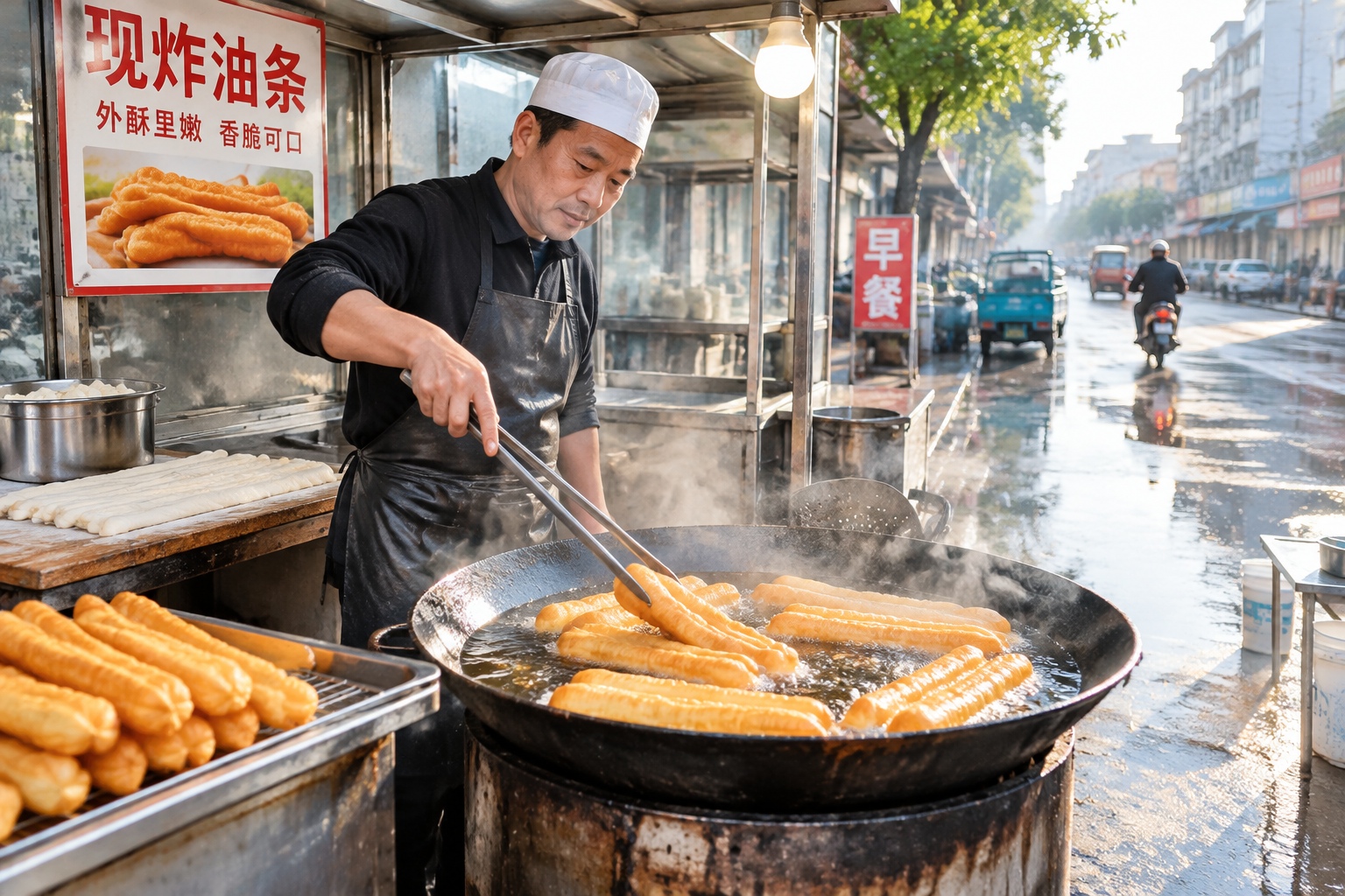 A Chinese street vendor frying traditional breakfast items like youtiao in a busy outdoor morning market